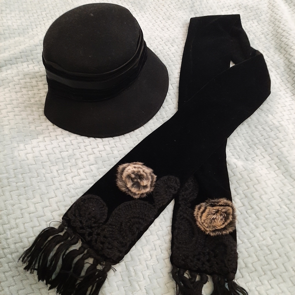 Black Felt Hat and Velvet Scarf
